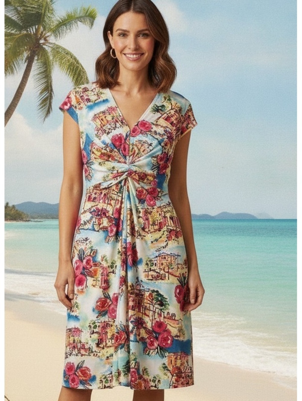 Antonio‎ Melani Watercolor Italian Village Twist Front  Knee-Length Dress Size M